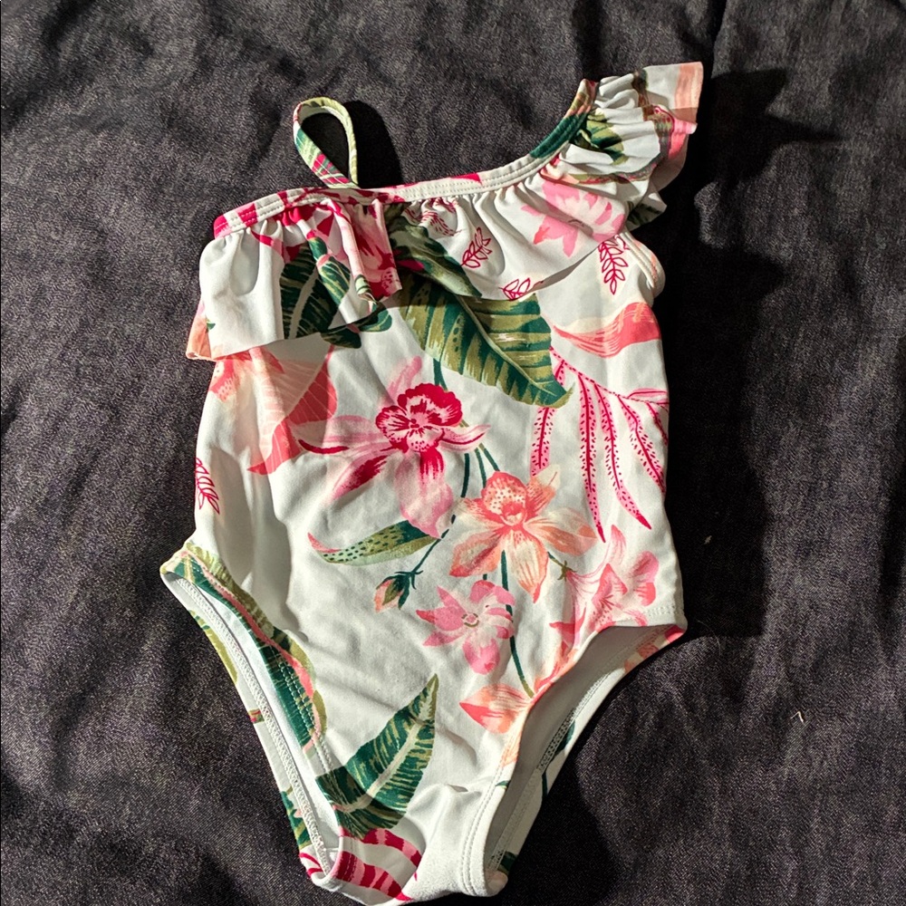 Old Navy Girls One-Shoulder Floral Swimsuit in White, Pink & Green